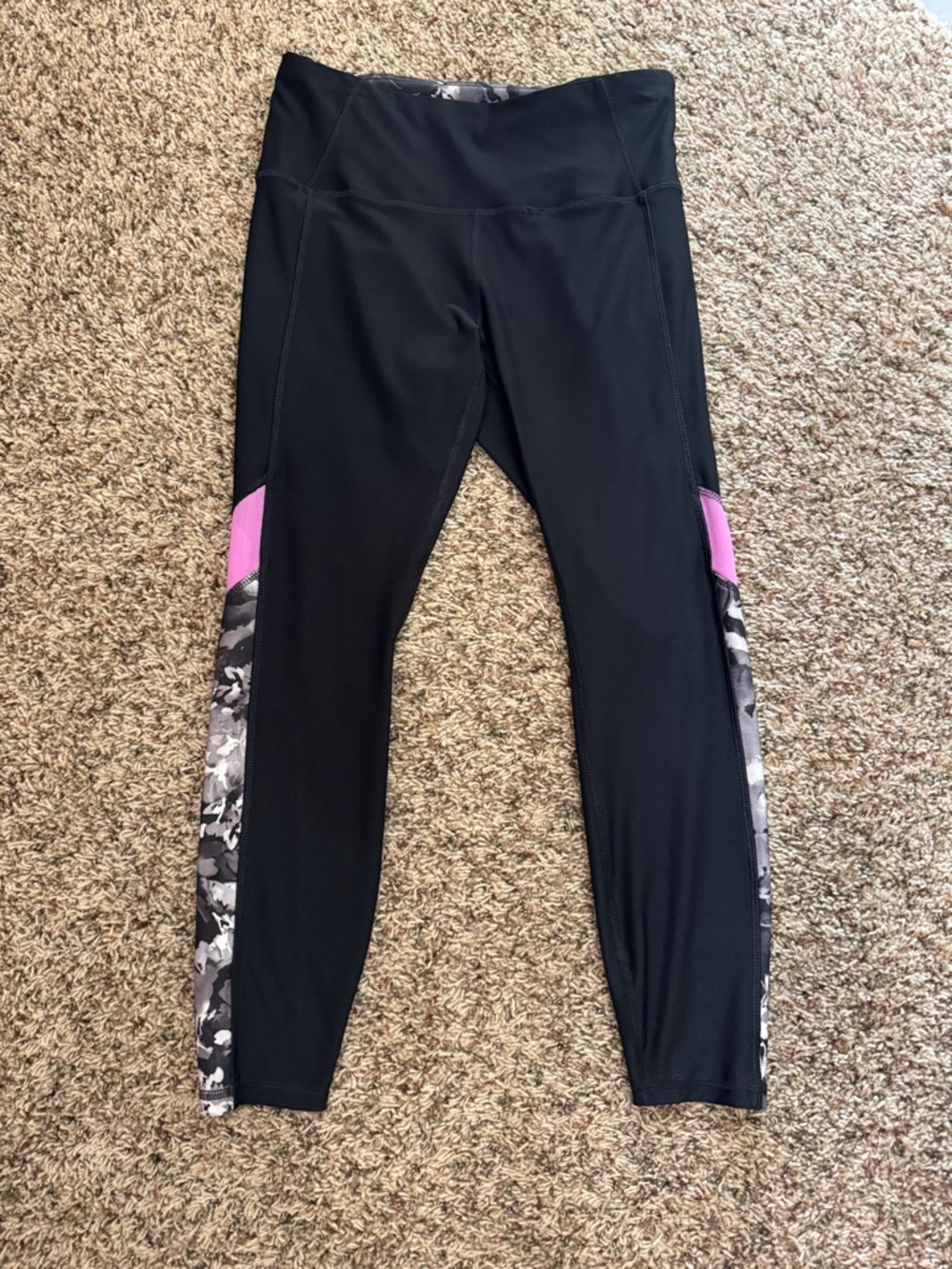 Womens RBX Black with Pink Vented Mesh Accent and Gray Floral Leggings, SM